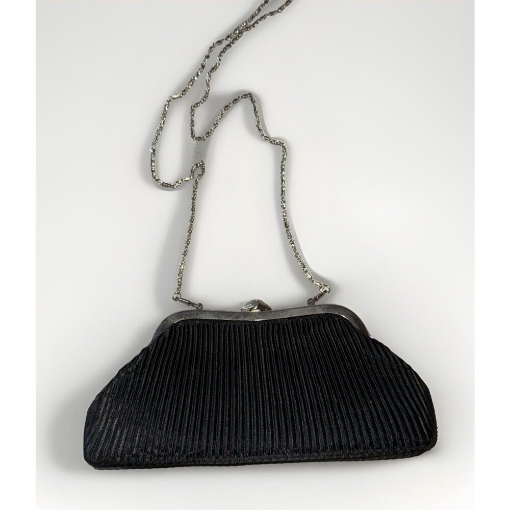 Bijoux Terner Evening Clutch Bag Black Ribbed Satin Sea Scallop Closure Chain